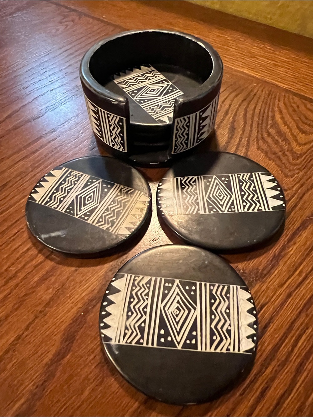 Vintage • Black & White • Soapstone Geometric Coaster Set • 6 Coasters + Holder